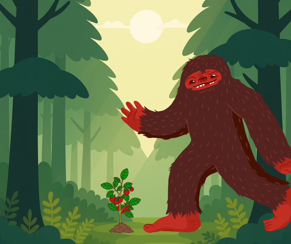 illustration of bigfoot walking toward his tomato plant in a green forest.